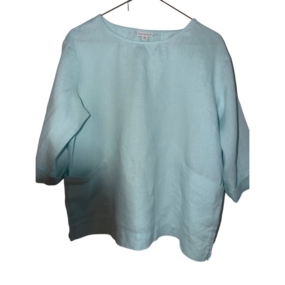 Pure Jill J. Jill Aqua Blue 100% Linen Pocket Top XS Petite 3/4 Sleeve Blouse